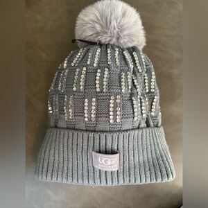 Ugg new gray bean pom pom hat with diamond studs and warm, soft furry inside.